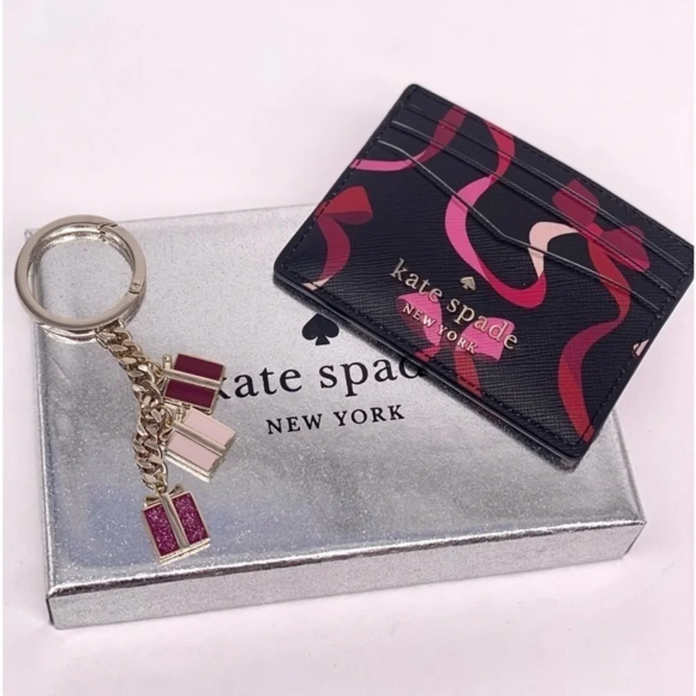 Kate Spade Staci Boxed Card Holder Small Wallet And Key Fob Ribbon Print